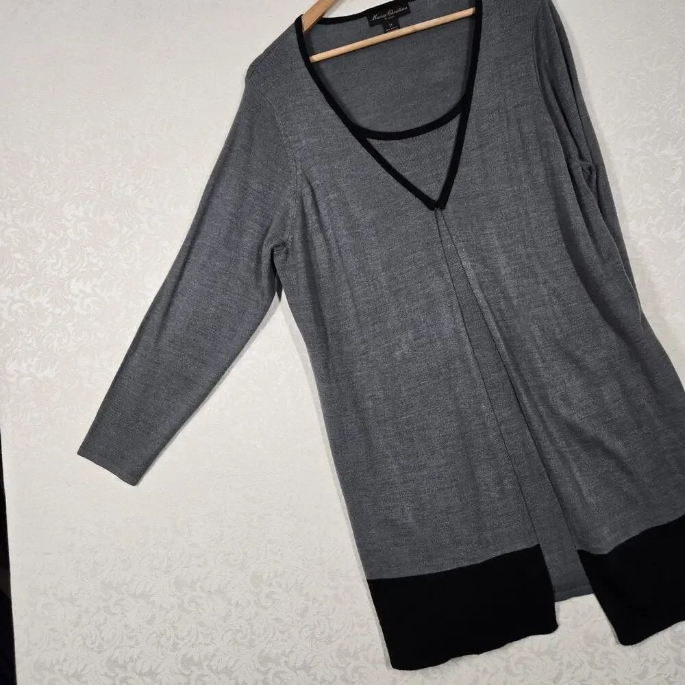 Marisa Christina Longline Cardigan Sweater sz 1X Gray Black Attached Tank Career